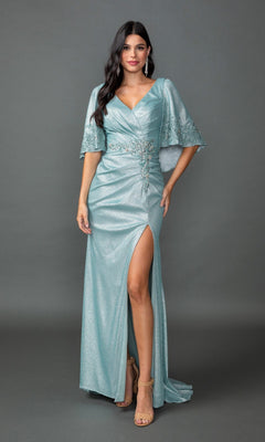 A woman wearing the Dancing Queen 4569 long formal dress in sage, featuring short cape sleeves, a high slit, and decorative beaded embroidery embellishments, stands against a plain gray background.