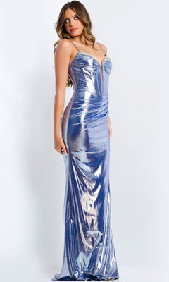 A woman poses against a plain white background wearing the Jovani 45711 Long Prom Dress in slate, featuring a shiny metallic finish, thin straps, a corset bodice, and a fitted floor-length silhouette.