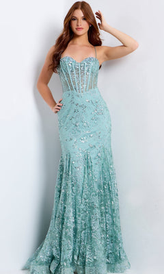 Jovani 45759 sage green floor-length dress with a sequin floral corset bodice and a mermaid silhouette.