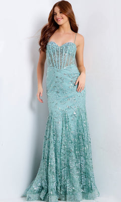 Jovani 45759 is a light blue strapless mermaid gown featuring a sequin floral corset bodice and intricate silver embroidery.