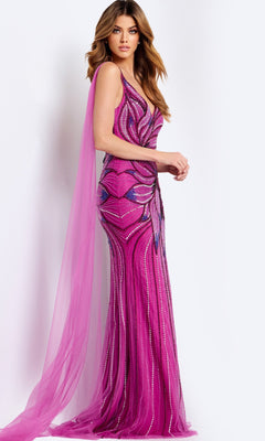 A woman stands against a plain light background wearing the Jovani 45876, a fitted floor-length magenta prom dress featuring geometric beading and a sheer cape detail.