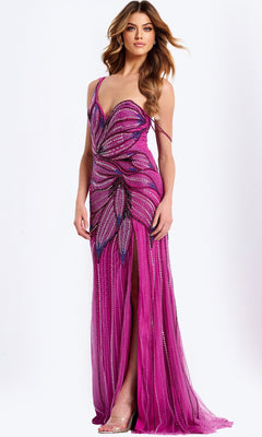 A woman in the Jovani 45876 long prom dress, featuring a vibrant magenta hue, butterfly-inspired design, beaded accents, and a high slit, poses against a white background.