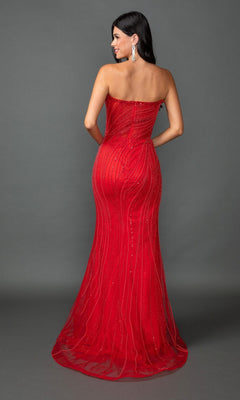 A woman poses elegantly with her back to the camera against a plain gray background, showcasing the Long Prom Dress: Dancing Queen 4597—a fitted, floor-length strapless gown in vibrant red with sparkling bead detailing.