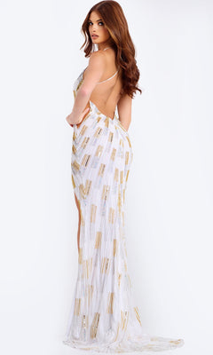 Woman in a Jovani 46058 long prom dress with gold accents, standing sideways and looking over her shoulder against a plain white background.