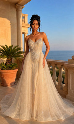 A woman in the champagne Long Prom Dress: Dancing Queen 4607 with a glitter tulle overskirt stands on a terrace with stone columns, overlooking the sea and palm plants at sunset.