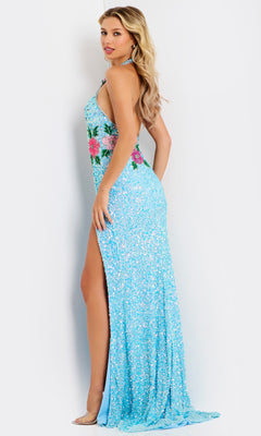 A woman poses against a plain white background wearing the Jovani 46086 long prom dress—a blue sequin halter gown featuring a high slit and floral beaded accents.