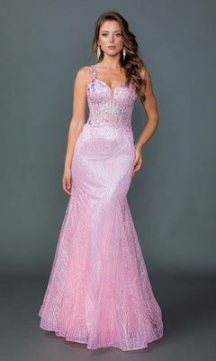 A woman poses against a gray background in the Dancing Queen 4609 long pink prom dress, featuring a fitted mermaid silhouette, sheer corset bodice, and sparkling embellishments.