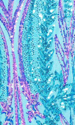 Close-up of the Long Sequin-Print Prom Dress: Blondie Nites 4610BN, featuring an abstract turquoise and purple sequin pattern on light blue—ideal for creating a stunning evening gown or elegant one-shoulder prom dress.