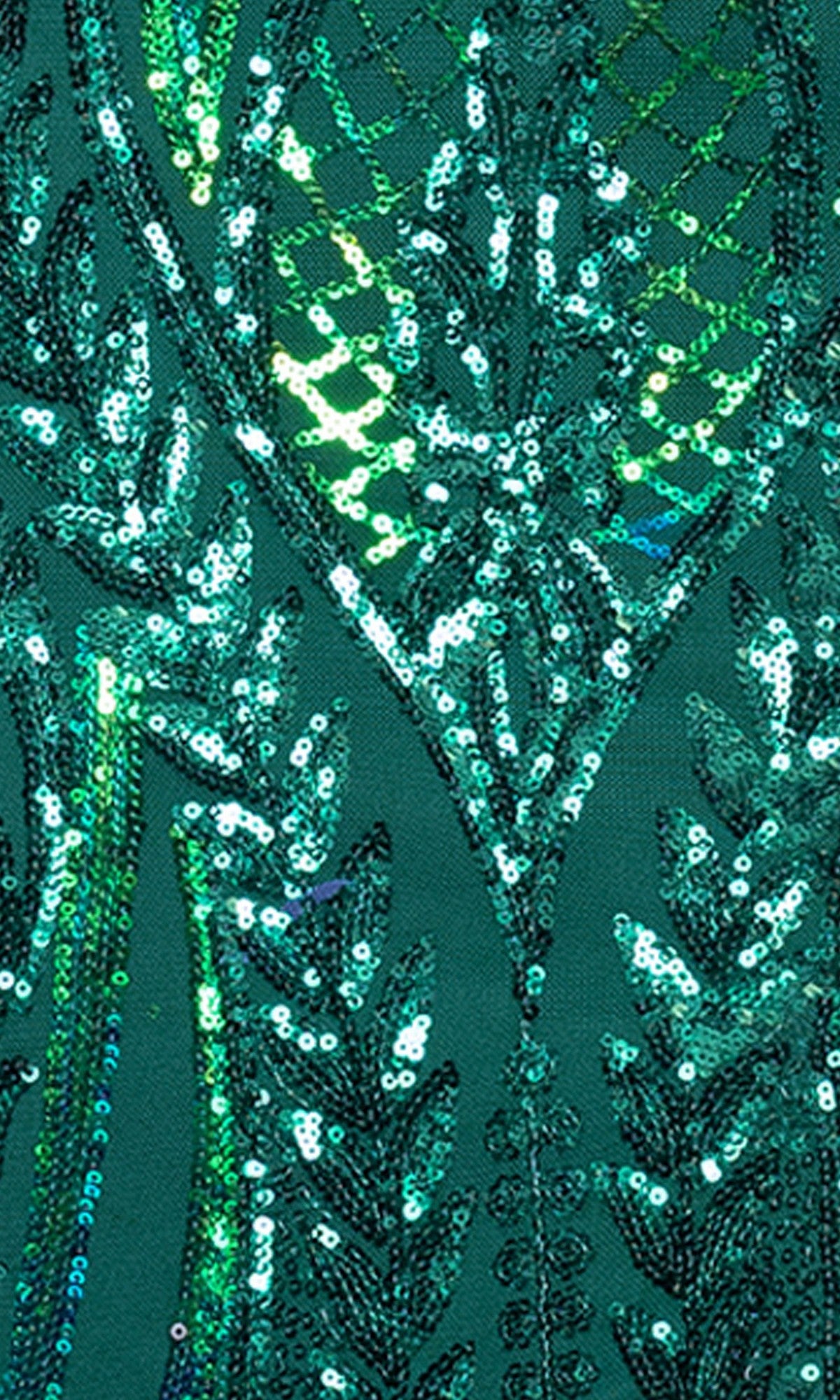 Close-up of the green fabric on the Blondie Nites 4610BN Long Sequin-Print Prom Dress, detailed with intricate geometric and leaf-patterned sequin and bead embroidery.