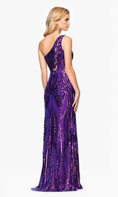A woman in the Blondie Nites 4610BN long sequin-print prom dress, showcasing a one-shoulder floor-length purple gown with a fitted silhouette and lace-up back.