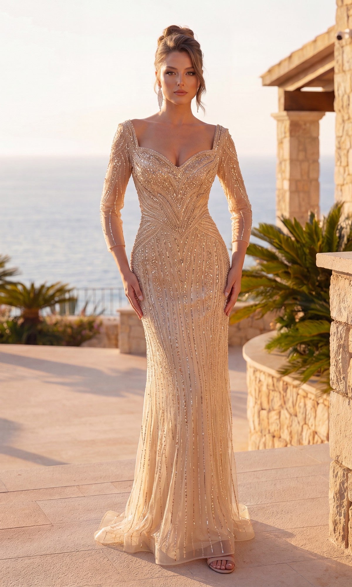 Modest Long Beaded Formal Dress with Sheer Sleeves Champagne / 3XLarge