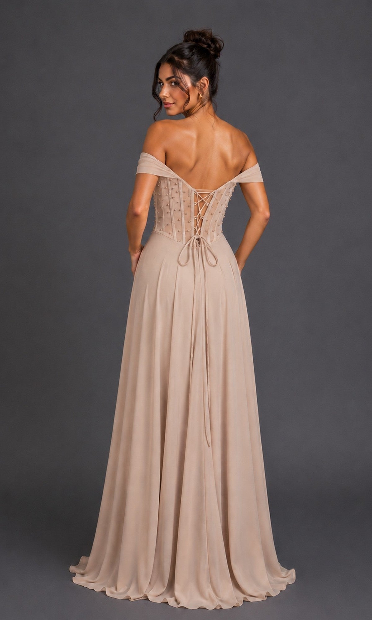 Lace-Up Off-Shoulder Prom Gown: Dancing Queen 4615 Champagne / XSmall