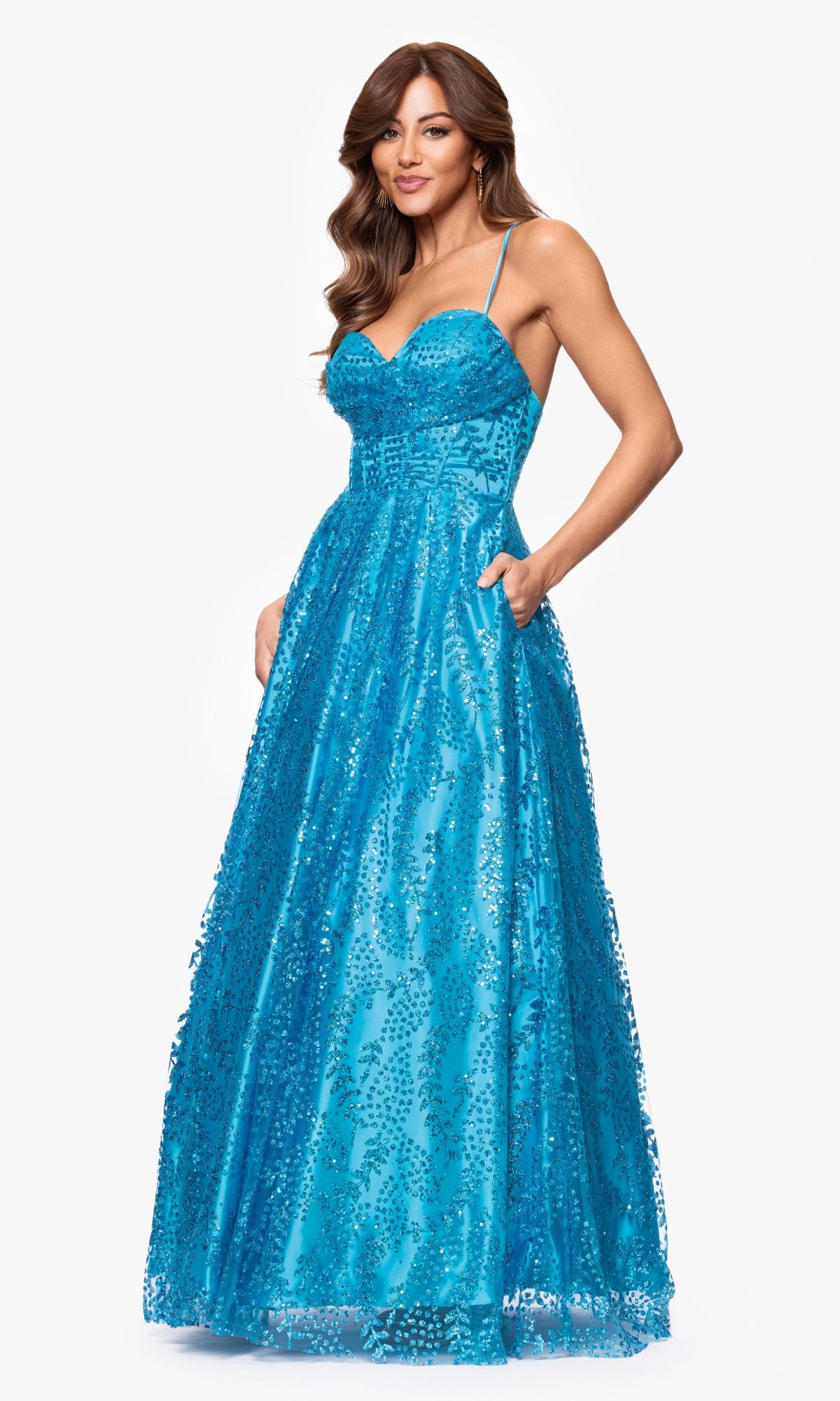 guiana embellished long sleeve mini dress in aqua Lace-Up Long Corset Prom Dress with Glitter Aqua / 11