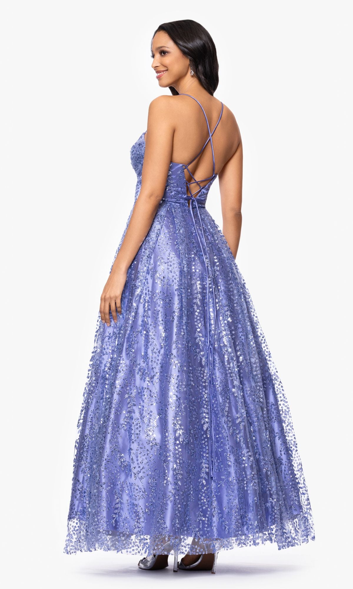 betsy and adams light purple dress with blue sequins Lace-Up Long Corset Prom Dress with Glitter Aqua / 11