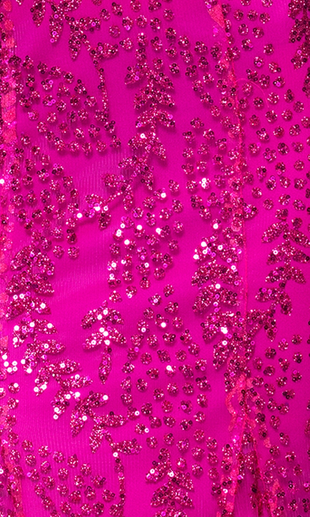 Close-up of pink fabric with sparkly sequin embroidery in leaf-like patterns, ideal for the Long Glitter Prom Dress: Blondie Nites 4623BN, perfect for a glamorous or eye-catching formal look.