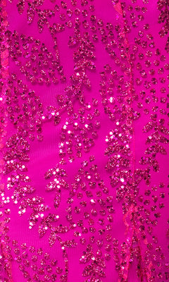 Close-up of pink fabric with sparkly sequin embroidery in leaf-like patterns, ideal for the Long Glitter Prom Dress: Blondie Nites 4623BN, perfect for a glamorous or eye-catching formal look.