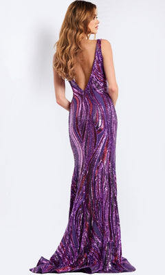 A woman faces away from the camera in the Jovani 46247 long prom dress, a sleeveless, backless purple sequin gown with a flowing train.