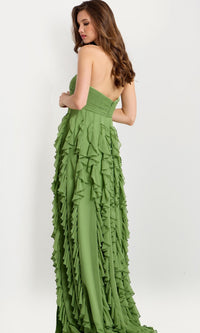 A woman with long brown hair models the Jovani 46379 long strapless prom dress, which features a ruched bodice and layered ruffle details, standing against a plain light background.