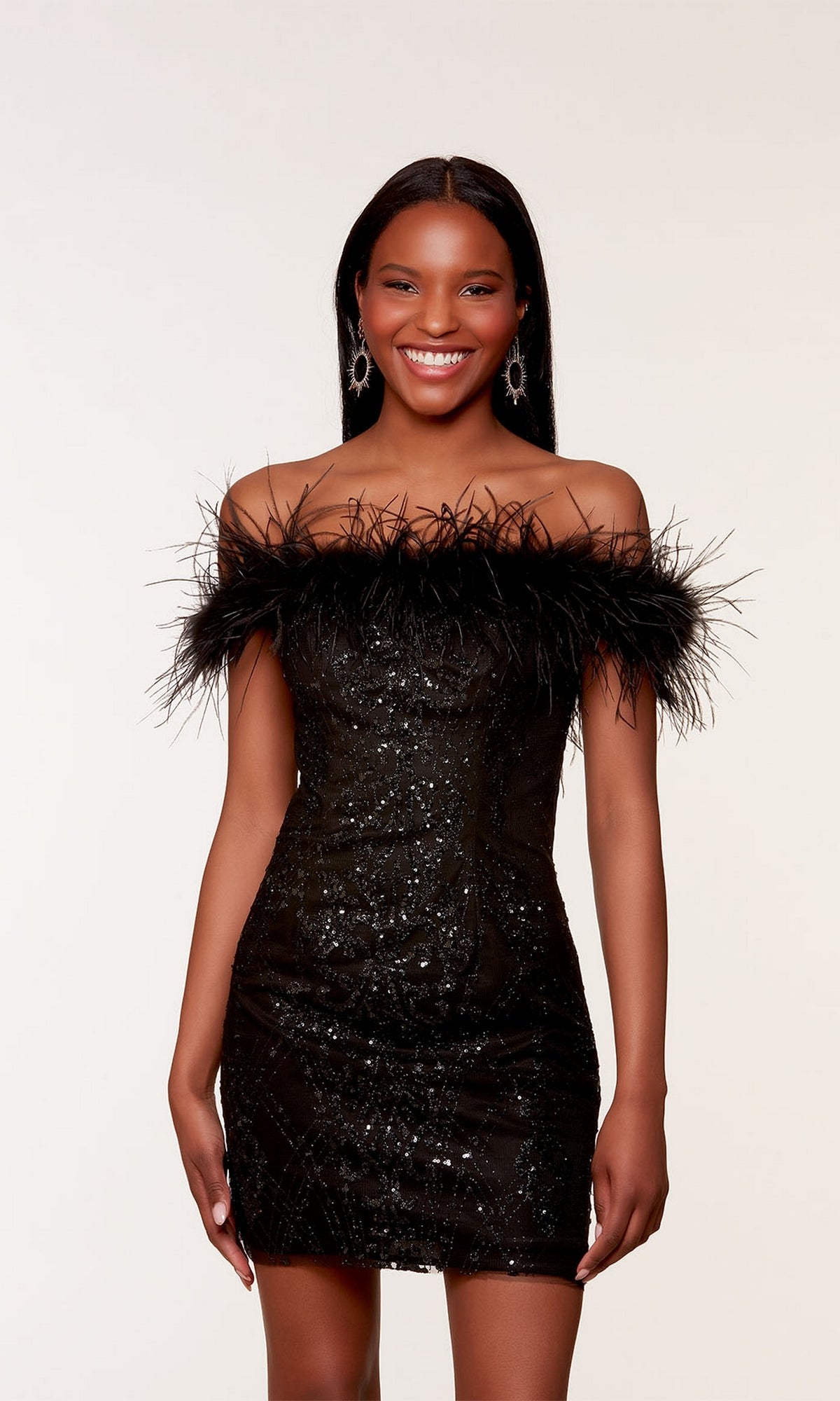 Feathered Short Black Glitter Homecoming Dress 4649