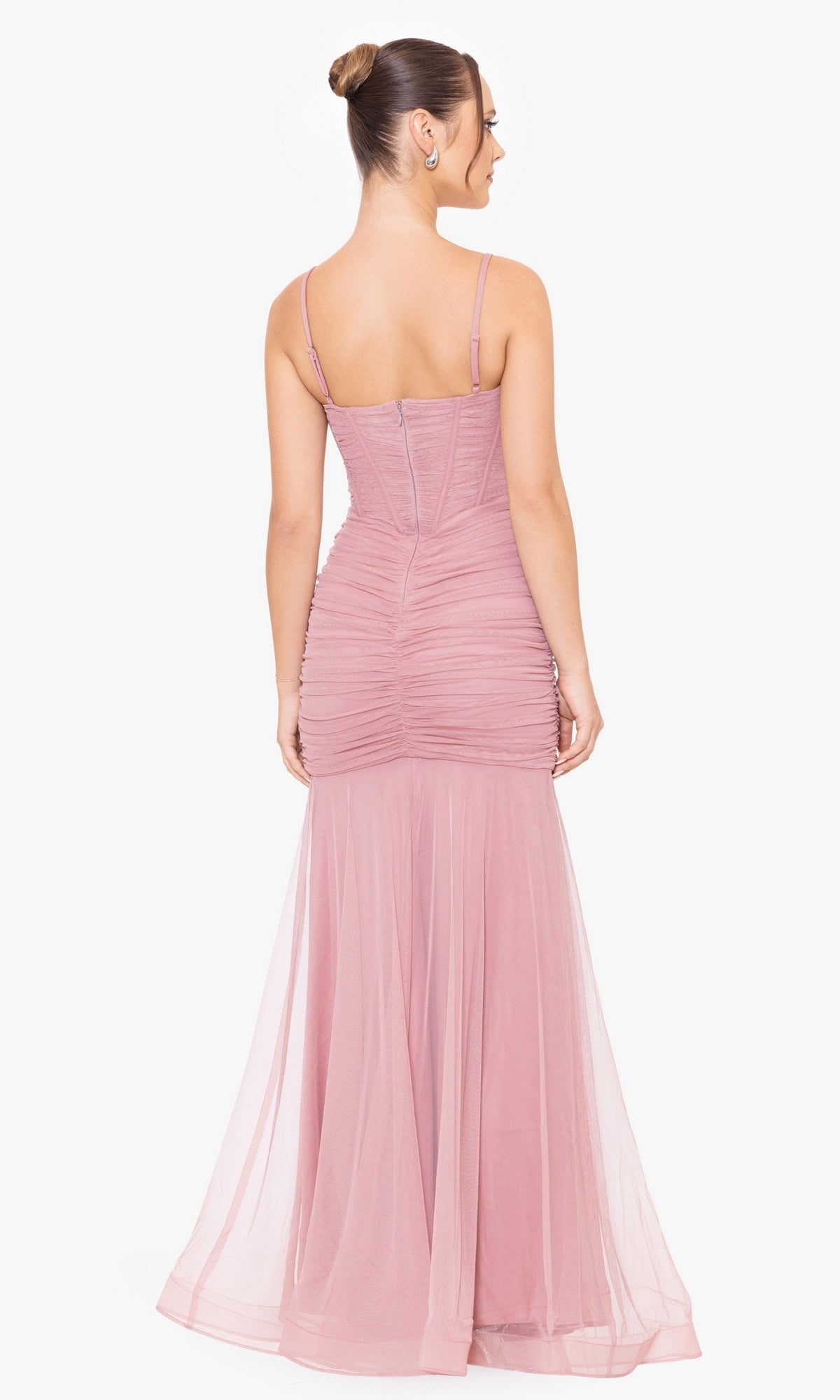 Model shown from the back wearing Corset-Bodice Long Mermaid Prom Dress 4682BN, a floor-length mauve mermaid gown with spaghetti straps and a fitted, ruched corset bodice.