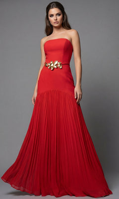 A strapless red Jovani 47000 floor-length gown with a pleated skirt and a gold floral belt.