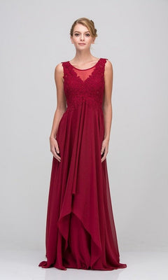 A woman poses in a studio wearing the Eureka 4711 Long Prom Dress in burgundy, featuring a sleeveless lace bodice with embroidered appliques and a layered chiffon skirt.