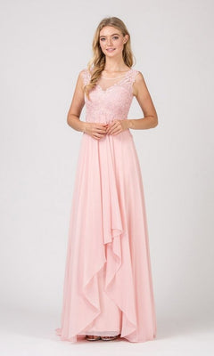 A woman stands in a studio wearing the Eureka 4711 Long Prom Dress: a sleeveless, floor-length gown in dusty pink chiffon with lace bodice detail and a layered, flowing skirt.
