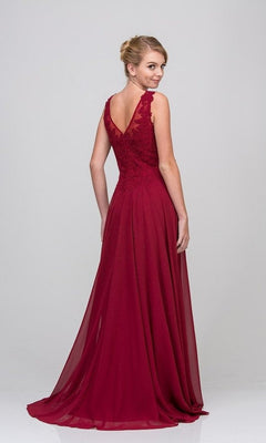 A woman poses against a plain light background, facing slightly away and looking over her shoulder, wearing the Eureka 4711 Long Prom Dress—sleeveless, floor-length, burgundy with elegant lace details.