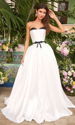 Long Prom Dress: Ava Presley 47365, a floor-length white strapless ball gown featuring a black bodice trim and a thin black ribbon at the waist.