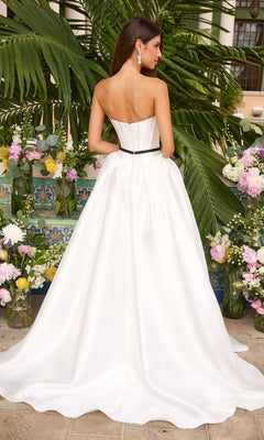 Back view of the Ava Presley 47365 two-tone ball gown with a strapless corset-style bodice and a thin black waistband.