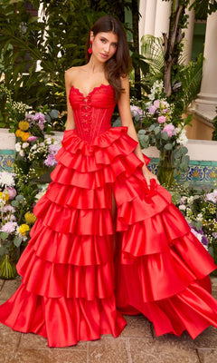 Red Ava Presley 47372 strapless corset prom dress with a multi-tiered ruffled skirt and a high leg slit.