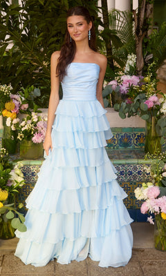 A light blue, strapless Long Prom Dress: Ava Presley 47373 featuring a ruched bodice and a tiered, ruffled floor-length skirt.