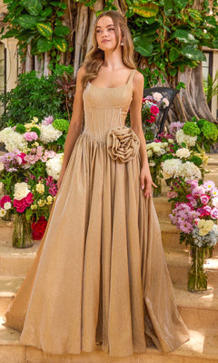 A gold, floor-length Ava Presley 47400 corset prom dress featuring a square neckline and a large fabric flower at the hip.