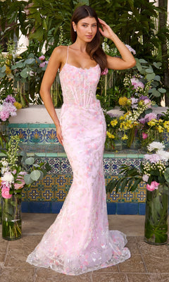 Long Prom Dress: Ava Presley 47411, a floor-length, pastel pink mermaid gown decorated with floral appliques and shimmering embellishments.