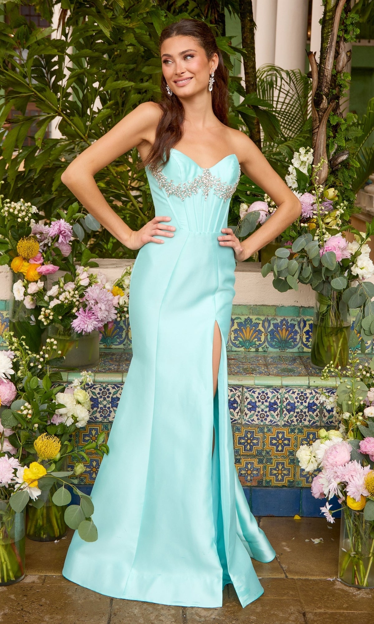 Ava Presley 47417 light blue strapless mermaid prom dress featuring a crystal-beaded bodice and a high leg slit.
