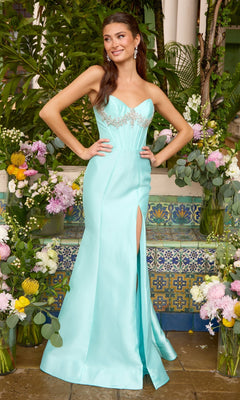 Ava Presley 47417 light blue strapless mermaid prom dress featuring a crystal-beaded bodice and a high leg slit.