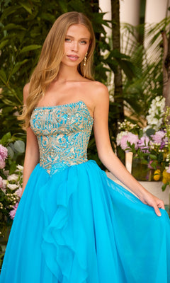Strapless bright blue Ava Presley 47420 floor-length gown with an embellished bodice featuring gold and silver beadwork.