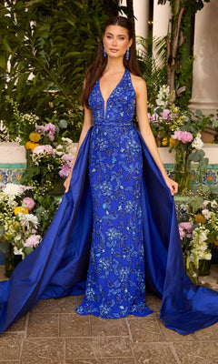 Royal blue Ava Presley 47421 halter-neck prom dress featuring a plunging neckline, intricate floral embroidery, and a detachable overskirt with an open-back design.
