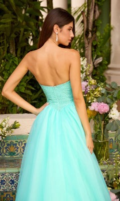 Mint green strapless Ava Presley 47424 ball gown featuring a beaded bodice and a full tulle skirt.