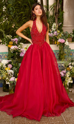 A red floor-length Ava Presley 47425 beaded halter prom dress with a full skirt.