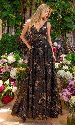 Ava Presley 47473 floor-length, sleeveless black and gold prom dress featuring a plunging neckline and starburst sequin patterns.
