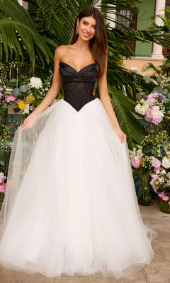 An Ava Presley 47484 strapless gown featuring a black corset bodice and a full white tulle skirt.