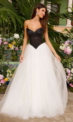 Ava Presley 47484 is a strapless corset ball gown with a black, structured bodice, a sweetheart neckline, and a full-length, white tulle skirt.
