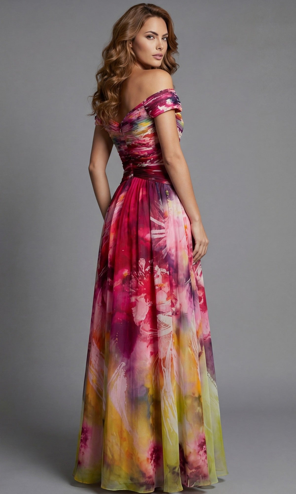 A woman wearing the Jovani 47499 Long Formal Dress—an off-the-shoulder, floor-length formal gown in multicolored floral chiffon—stands facing away and glances back over her shoulder.