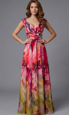 A woman stands against a neutral gray background wearing the Jovani 47499 Long Formal Dress, a sleeveless, floor-length gown in a colorful print with a graceful v-neck A-line silhouette.
