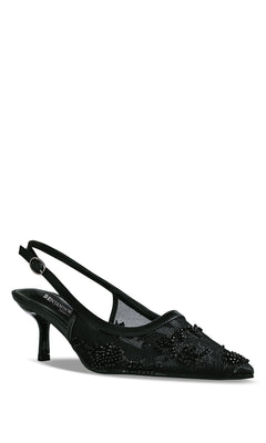 Tori Black Prom Shoes: Touch Ups 4753—black slingback kitten heels with mesh and beaded embroidery, pointed toe, and adjustable ankle strap.