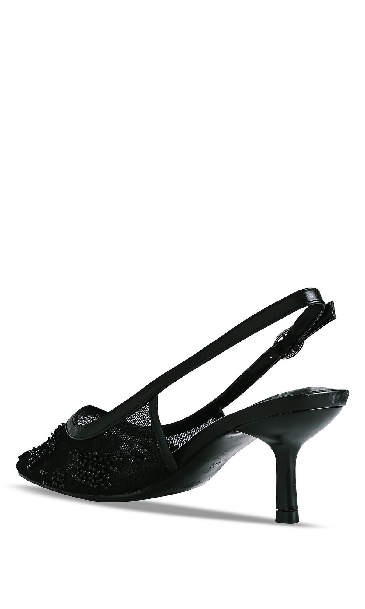 The Tori Black Prom Shoes: Touch Ups 4753 feature a black slingback kitten heel with mesh, beaded embroidery, open toe, and buckle strap—photographed on a white background, they're ideal for an elegant prom look.