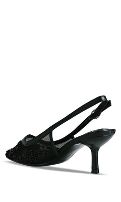 The Tori Black Prom Shoes: Touch Ups 4753 feature a black slingback kitten heel with mesh, beaded embroidery, open toe, and buckle strap—photographed on a white background, they're ideal for an elegant prom look.