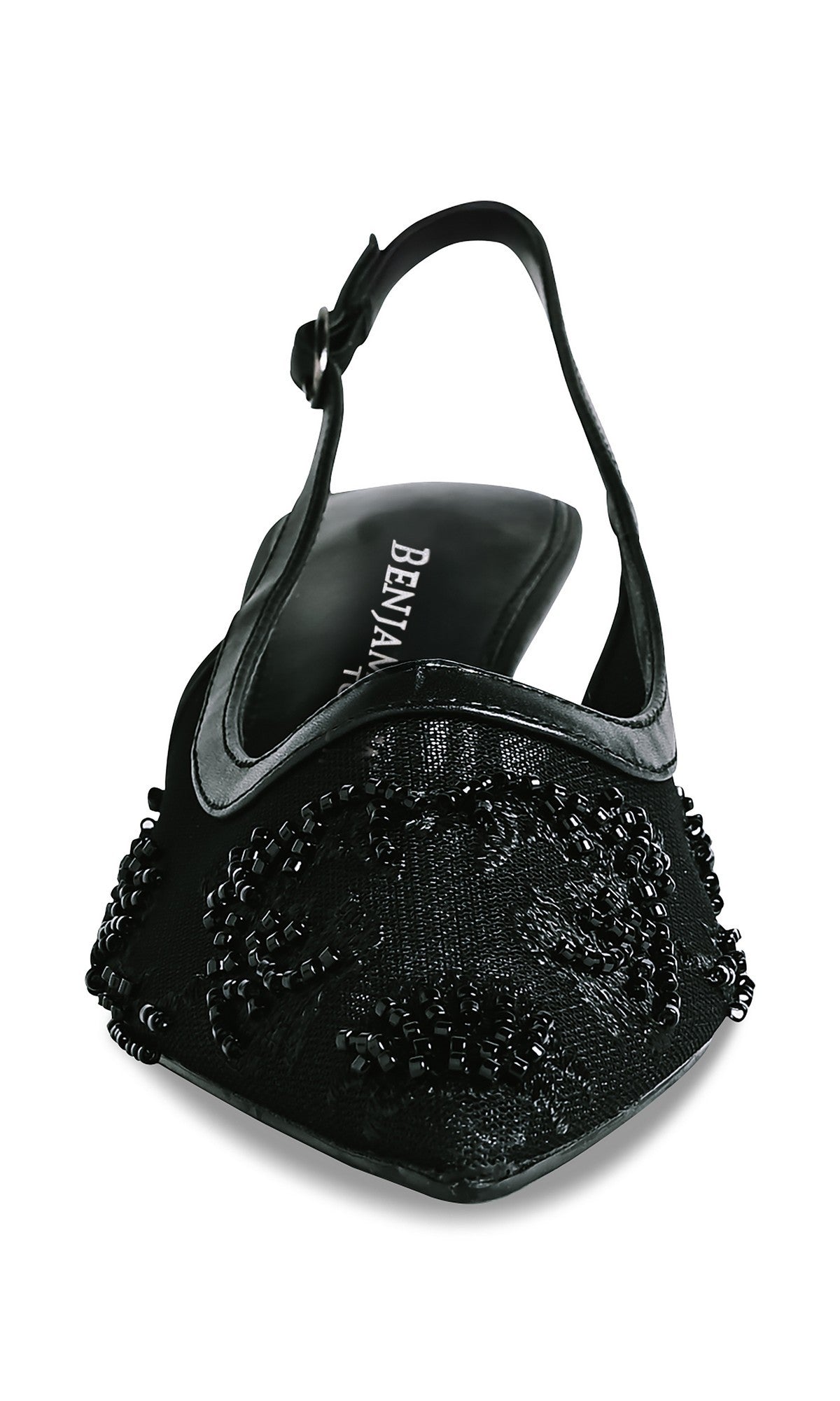 The Tori Black Prom Shoes: Touch Ups 4753 feature black beads, a slingback kitten heel, pointed toe, and textured embellishments—stylish prom shoes shown from the front.