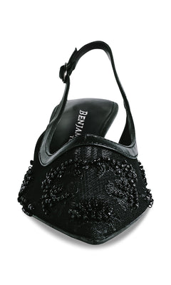 The Tori Black Prom Shoes: Touch Ups 4753 feature black beads, a slingback kitten heel, pointed toe, and textured embellishments—stylish prom shoes shown from the front.